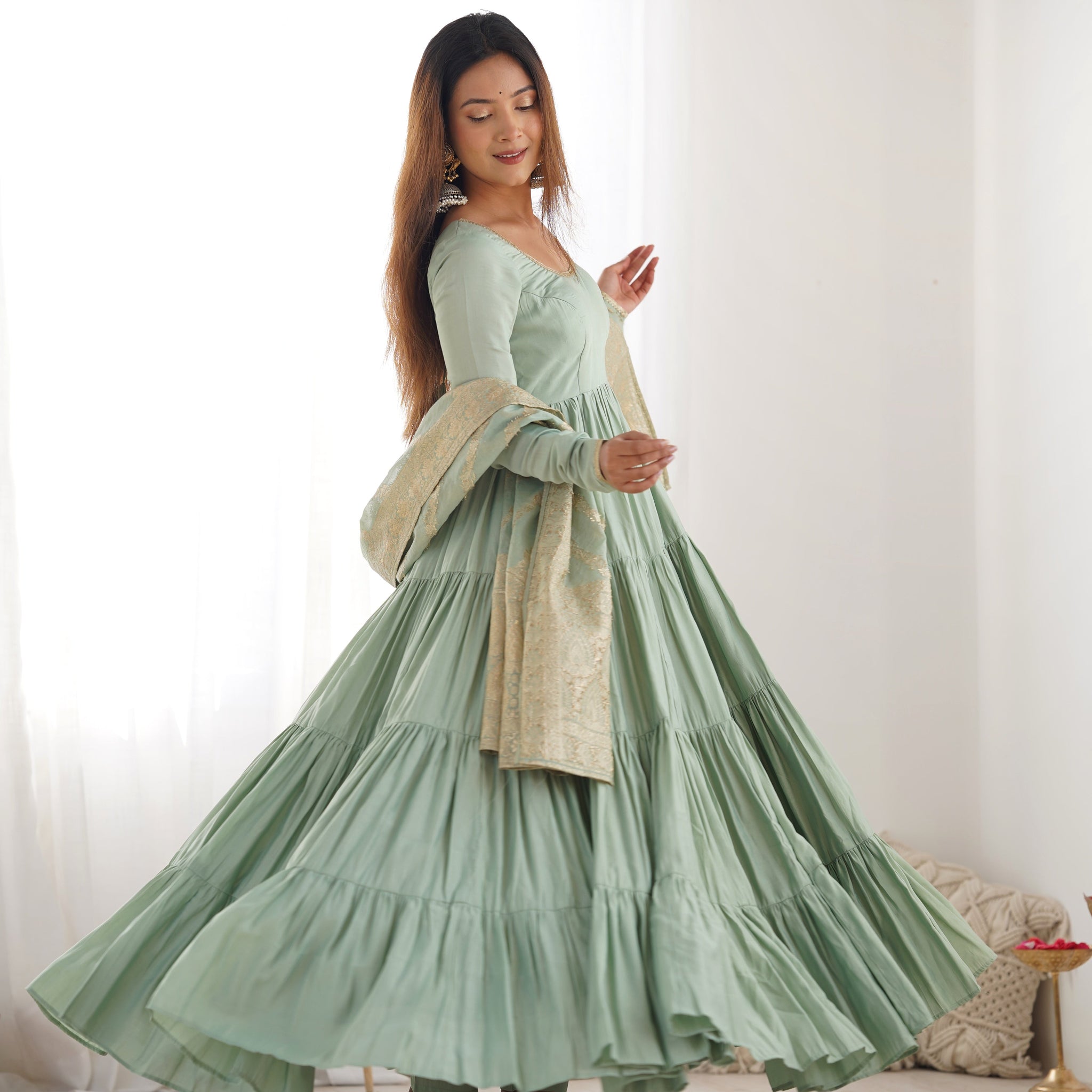 Gorgeous Pista Green Anarkali Gown With Banarasi Silk Dupatta
