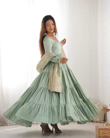 Gorgeous Pista Green Anarkali Gown With Banarasi Silk Dupatta