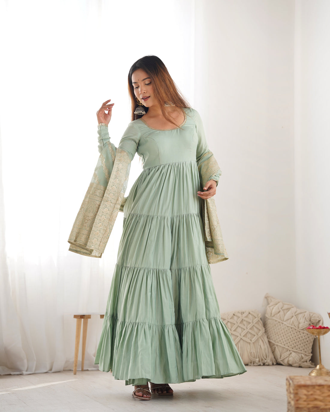 Gorgeous Pista Green Anarkali Gown With Banarasi Silk Dupatta