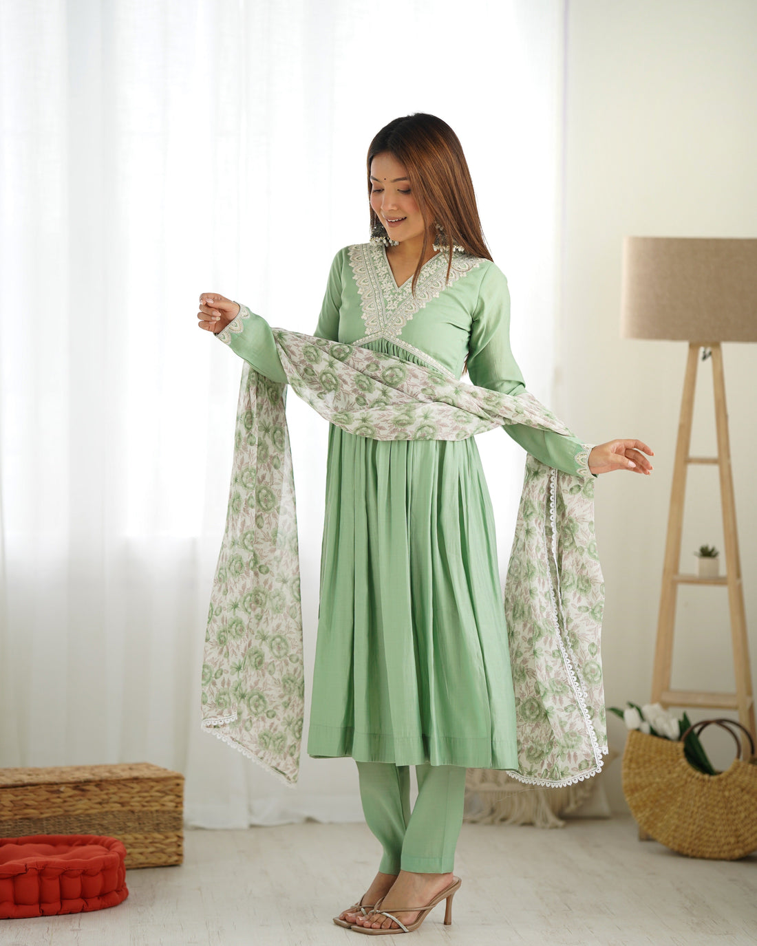 Arresting Roman Chanderi Silk Nyra Cut Kurti Set