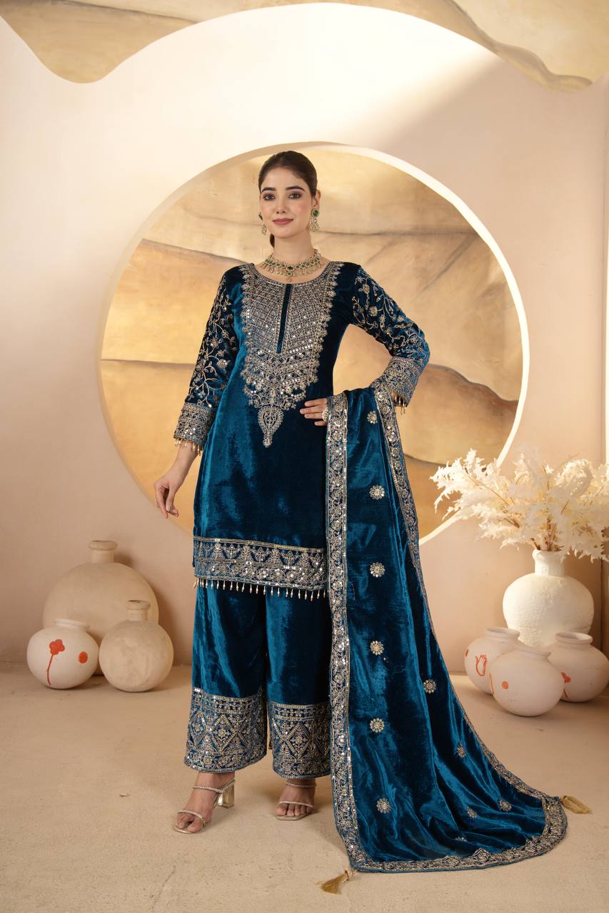 Designer Heavy Viscose Velvet Embroidery Sequence Work Suit Set with Pant and Dupatta