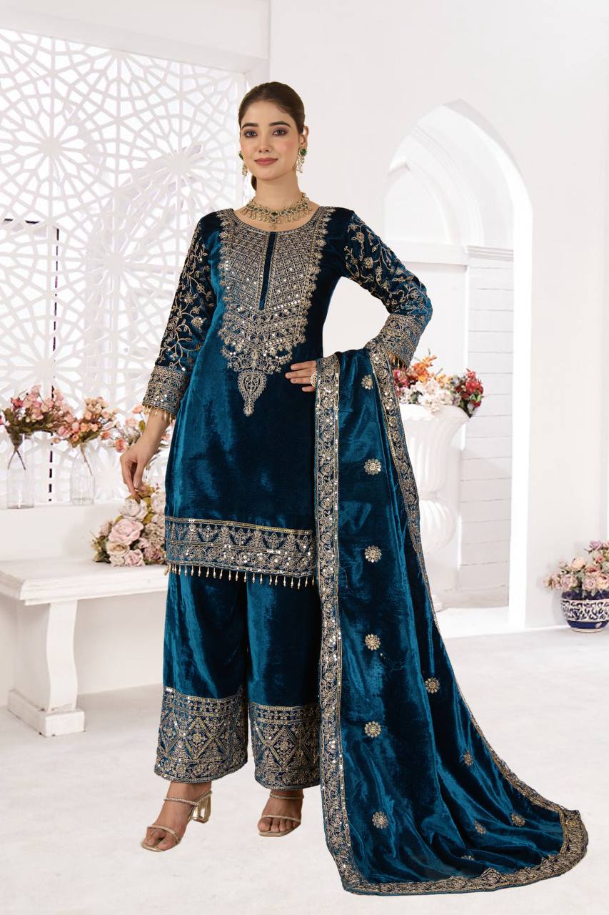 Designer Heavy Viscose Velvet Embroidery Sequence Work Suit Set with Pant and Dupatta