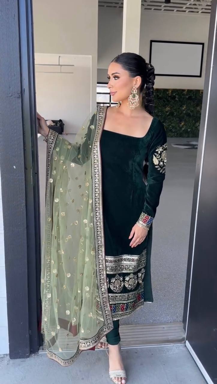 Heavy Viscose Velvet Embroidery Sequence Work Top with Dupatta and Fully Stitched Bottom