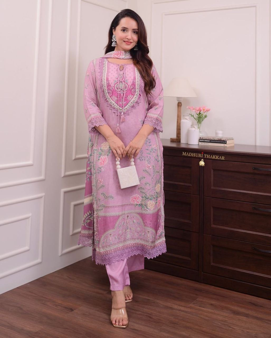 Lilac Pure Muslin Pakistani Suit with Digital Print and Hand Embroidery
