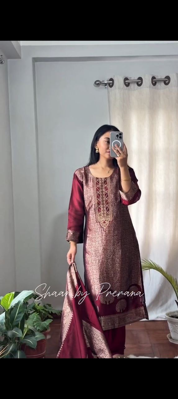 Pure Banarasi Asopalav Suit Set with Jacquard Weaving and Dupatta