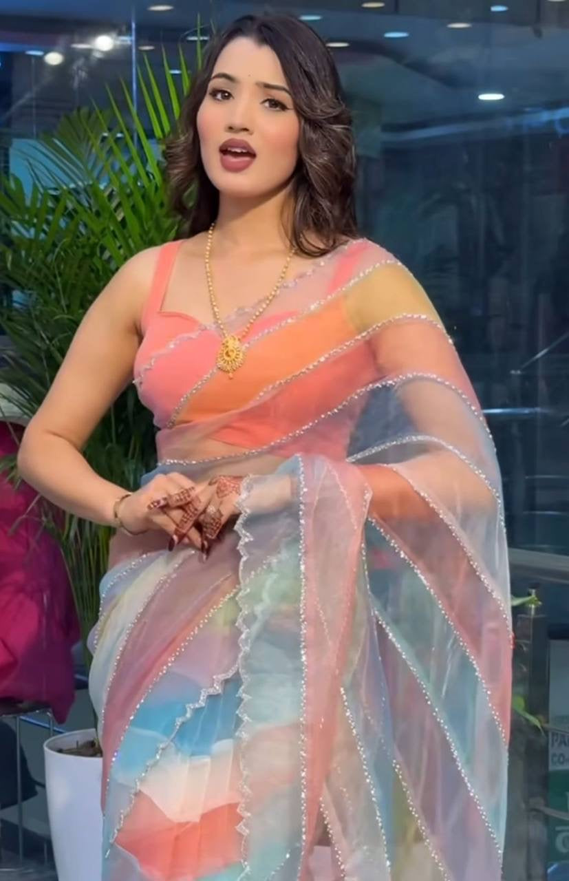 New Celebrity-Inspired Digital Printed Tebby Silk Saree with Embroidery, Mirror Work & Sequence Lace Border | Printed Blouse Included