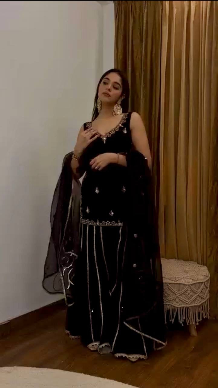 NEW DESIGNER PARTY WEAR — HEAVY VISCOSE VELVET TOP WITH SHARARA