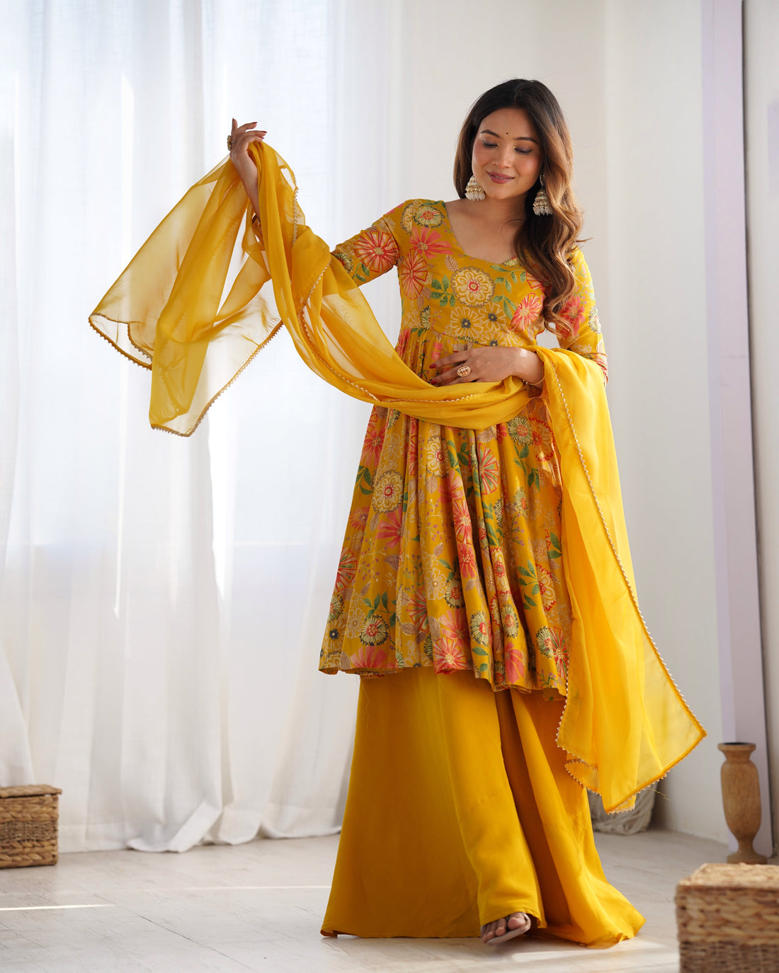 Arresting Roman Silk Chanderi Discharge Print Kurta Palazzo Set