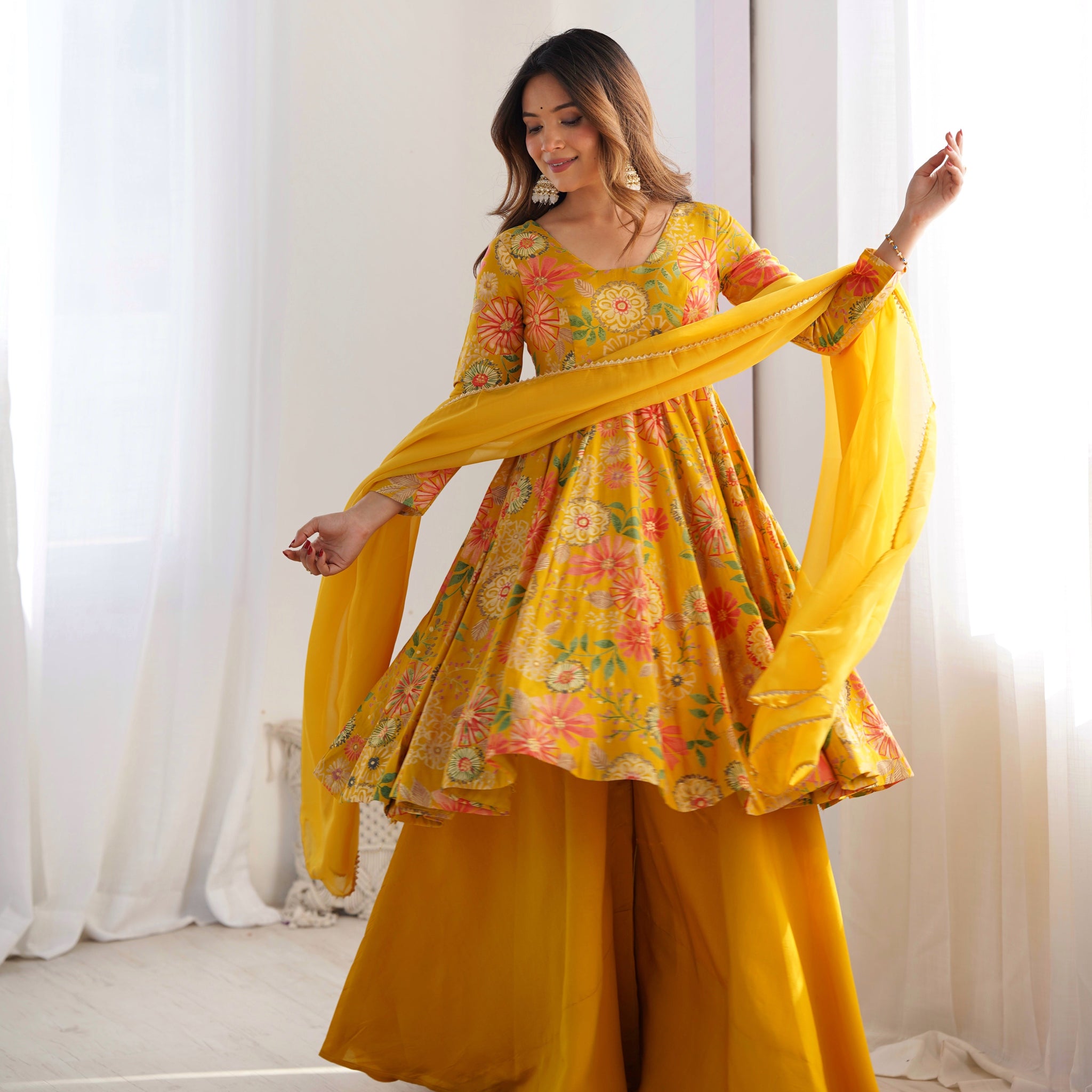 Arresting Roman Silk Chanderi Discharge Print Kurta Palazzo Set