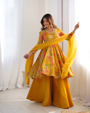 Arresting Roman Silk Chanderi Discharge Print Kurta Palazzo Set