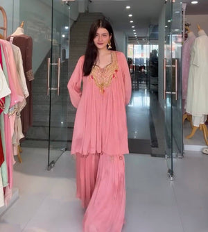 Designer Chinon Embroidered Kurti Sharara Set