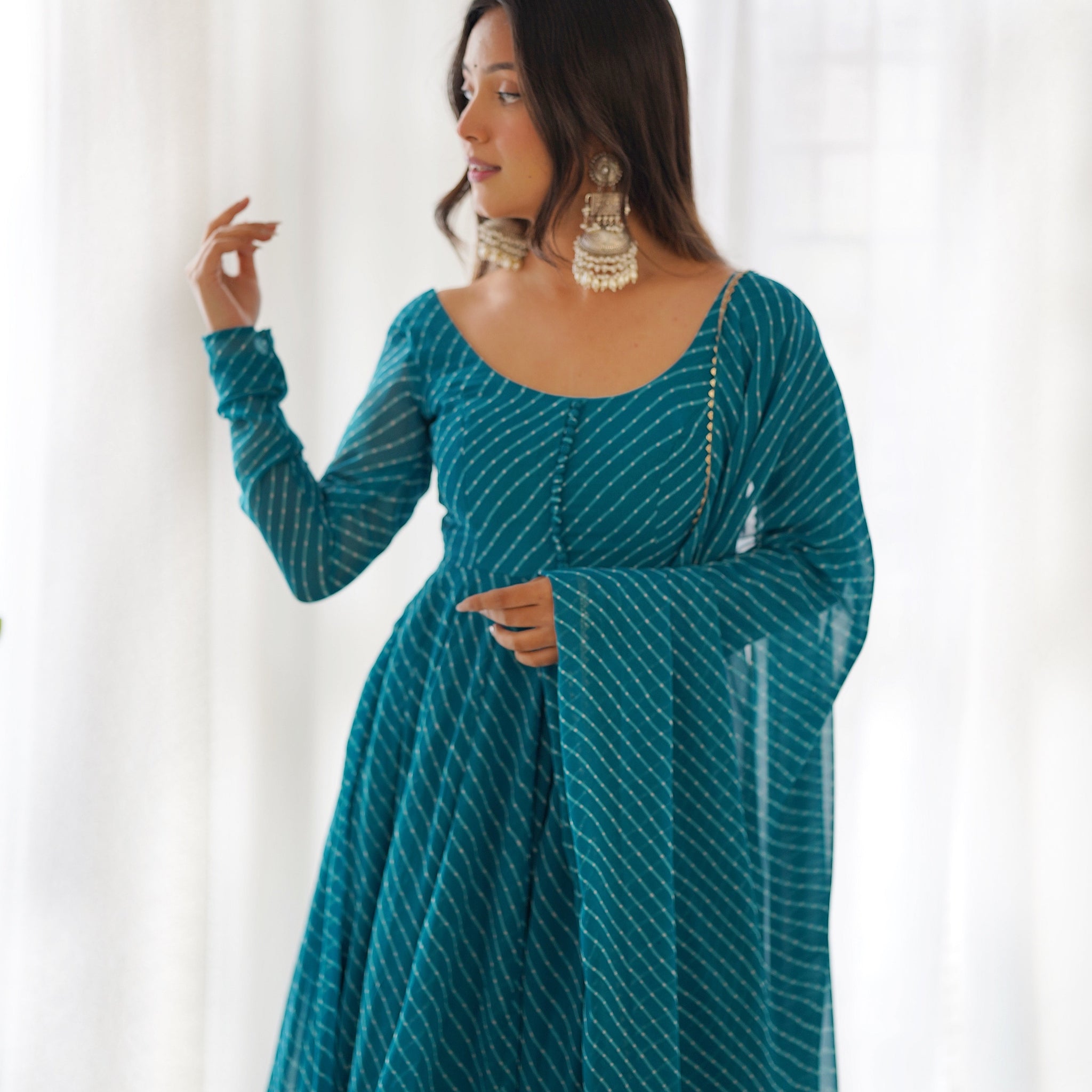 PURE FOX GEORGETTE LAHERIYA PRINT FABRIC FULLY FLAIR ANARKALI,WITH DUPPTA SET