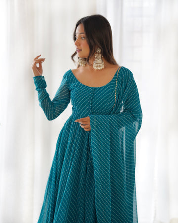 PURE FOX GEORGETTE LAHERIYA PRINT FABRIC FULLY FLAIR ANARKALI,WITH DUPPTA SET