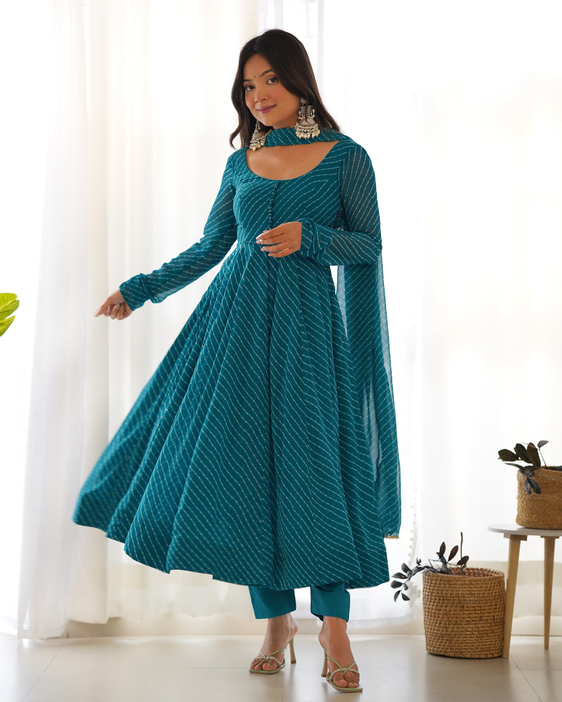 PURE FOX GEORGETTE LAHERIYA PRINT FABRIC FULLY FLAIR ANARKALI,WITH DUPPTA SET
