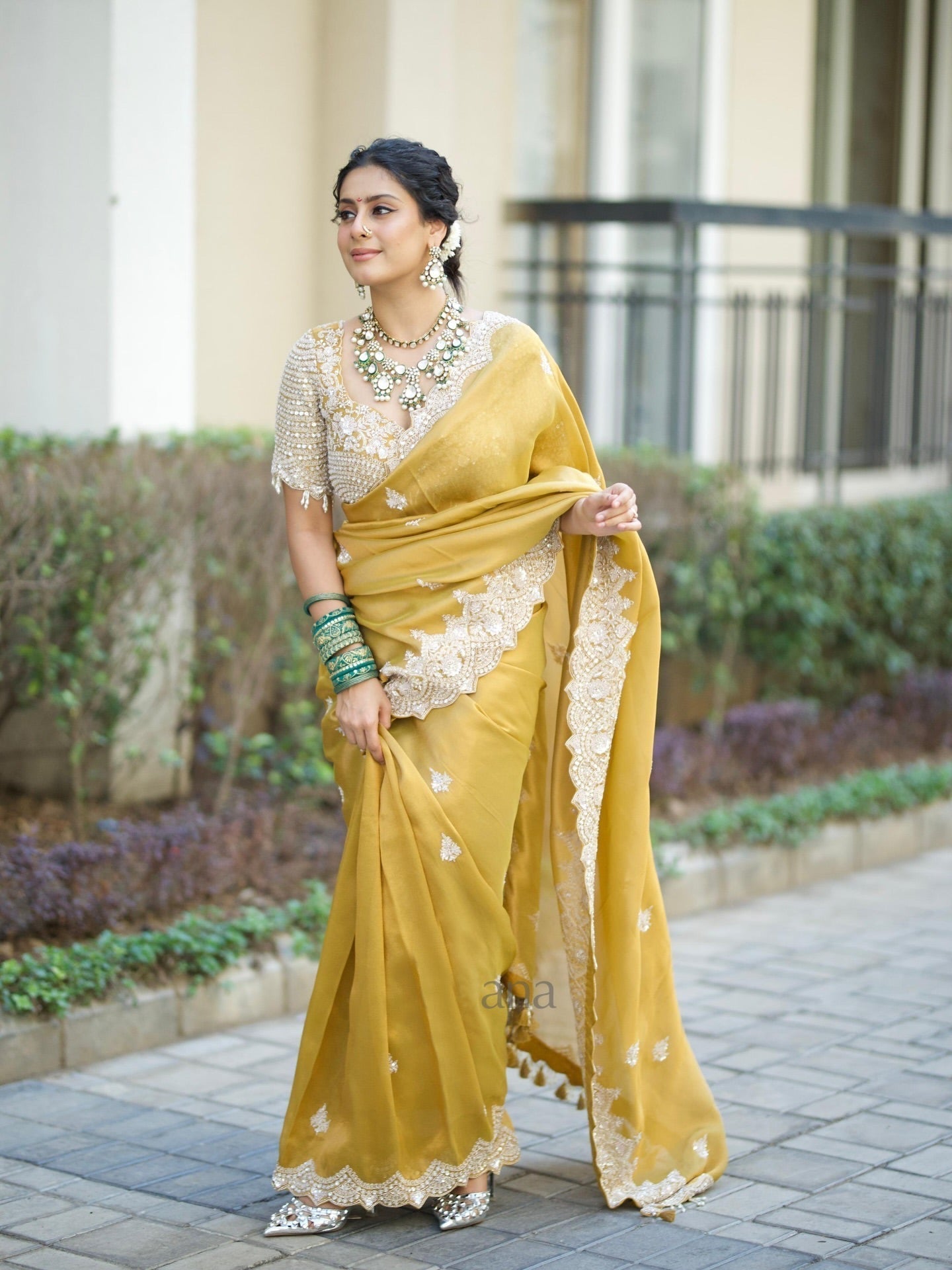 Designer Mustard Yellow Saree in Soft Tebby Silk with Heavy Embroidery & Sequin Work