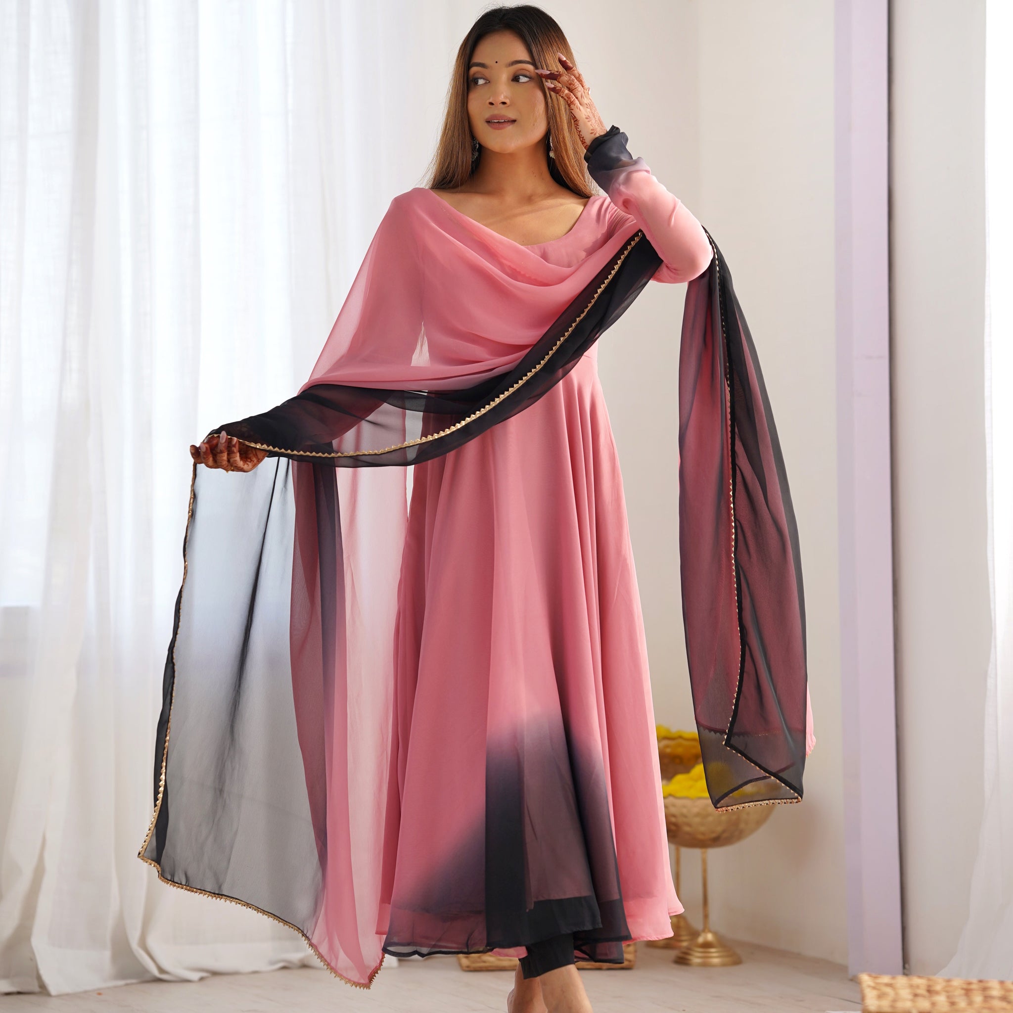 Onion Pink Perfect Fox Georgette Anarkali Gown Set