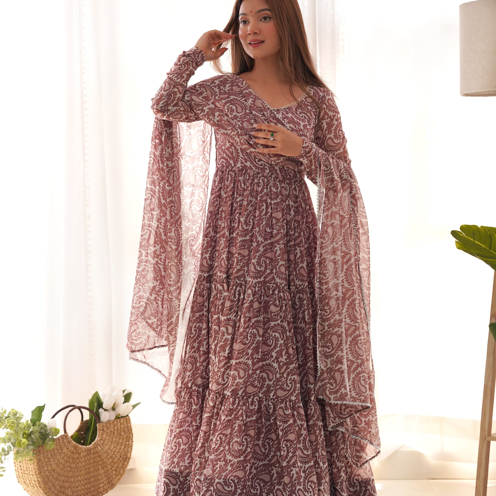 Brown Color Soft Georgette Ruffle Style Anarkali Suit