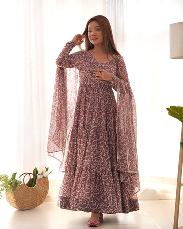 Brown Color Soft Georgette Ruffle Style Anarkali Suit