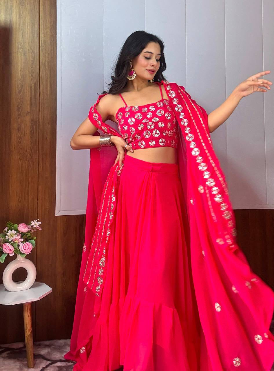 Pink Georgette Lehenga with Mirror Embroidery & Dupatta