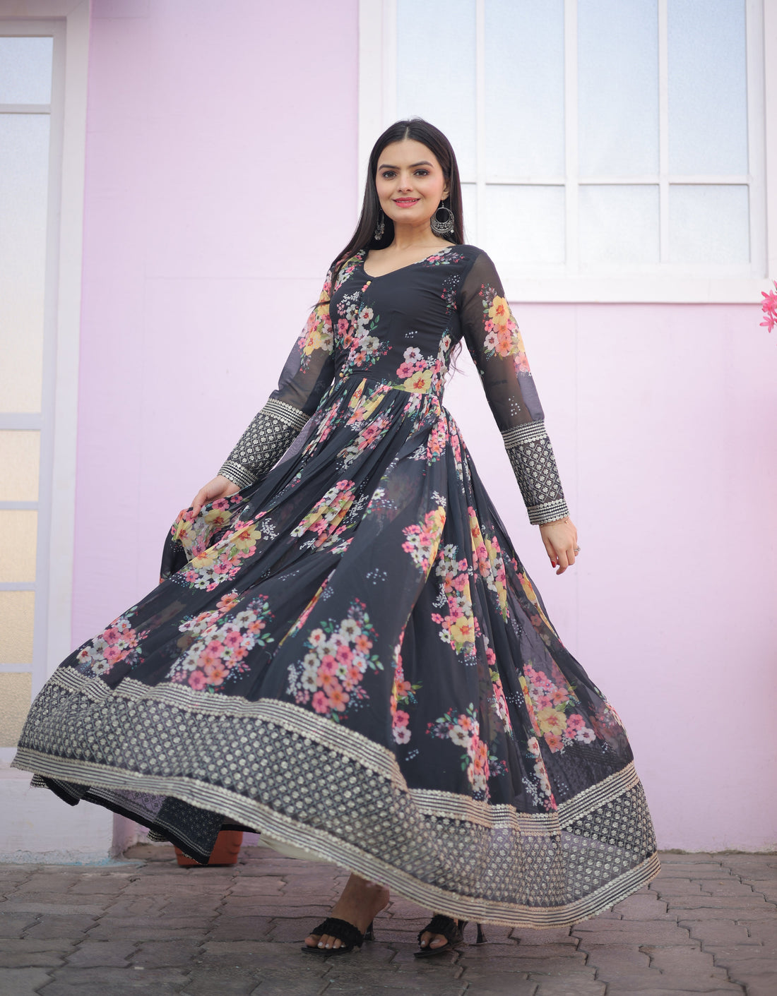 Designer Floral Printed & Embroidered Georgette Ethnic Gown