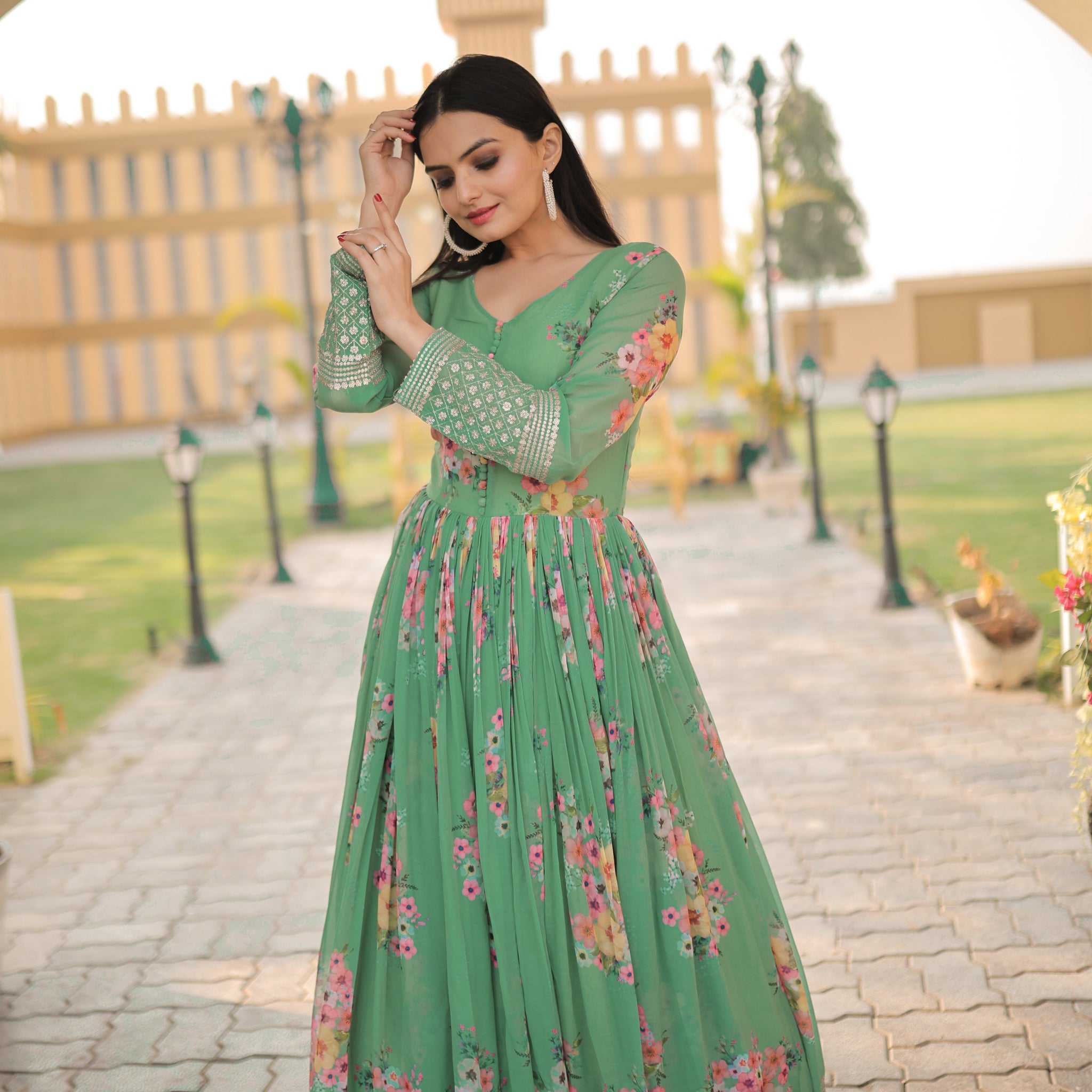Designer Floral Printed & Embroidered Georgette Ethnic Gown