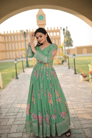 Designer Floral Printed & Embroidered Georgette Ethnic Gown