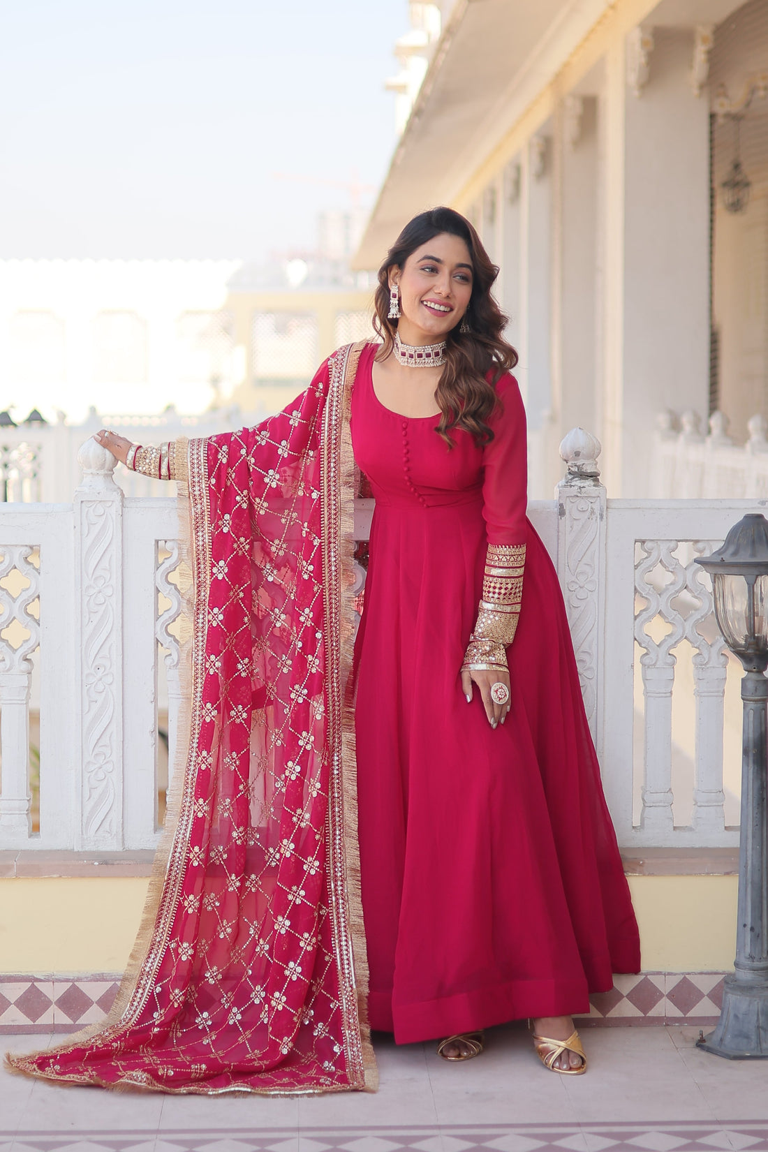 Sequins Embroidered Faux Blooming Gown With Designer Dupatta