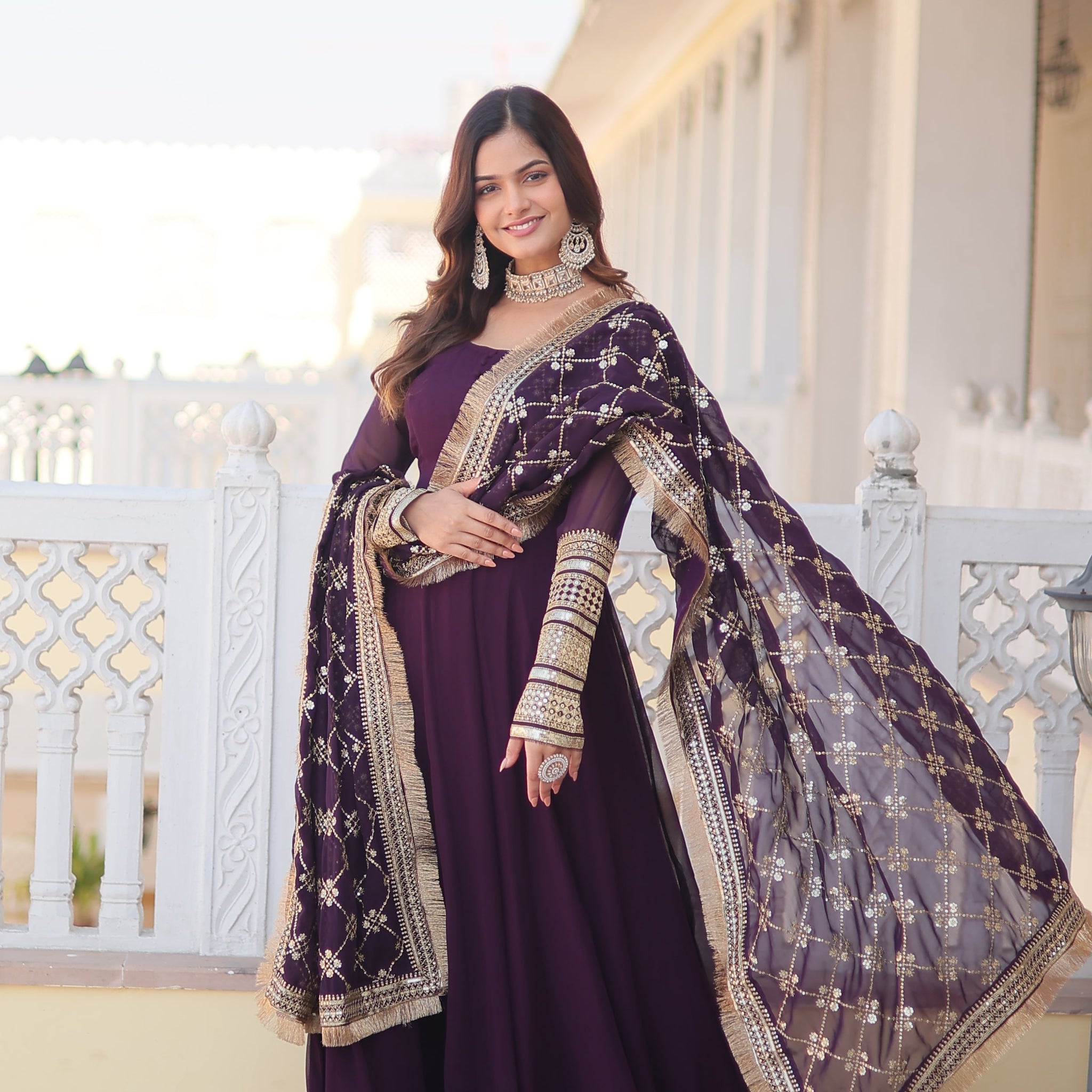 Sequins Embroidered Faux Blooming Gown With Designer Dupatta
