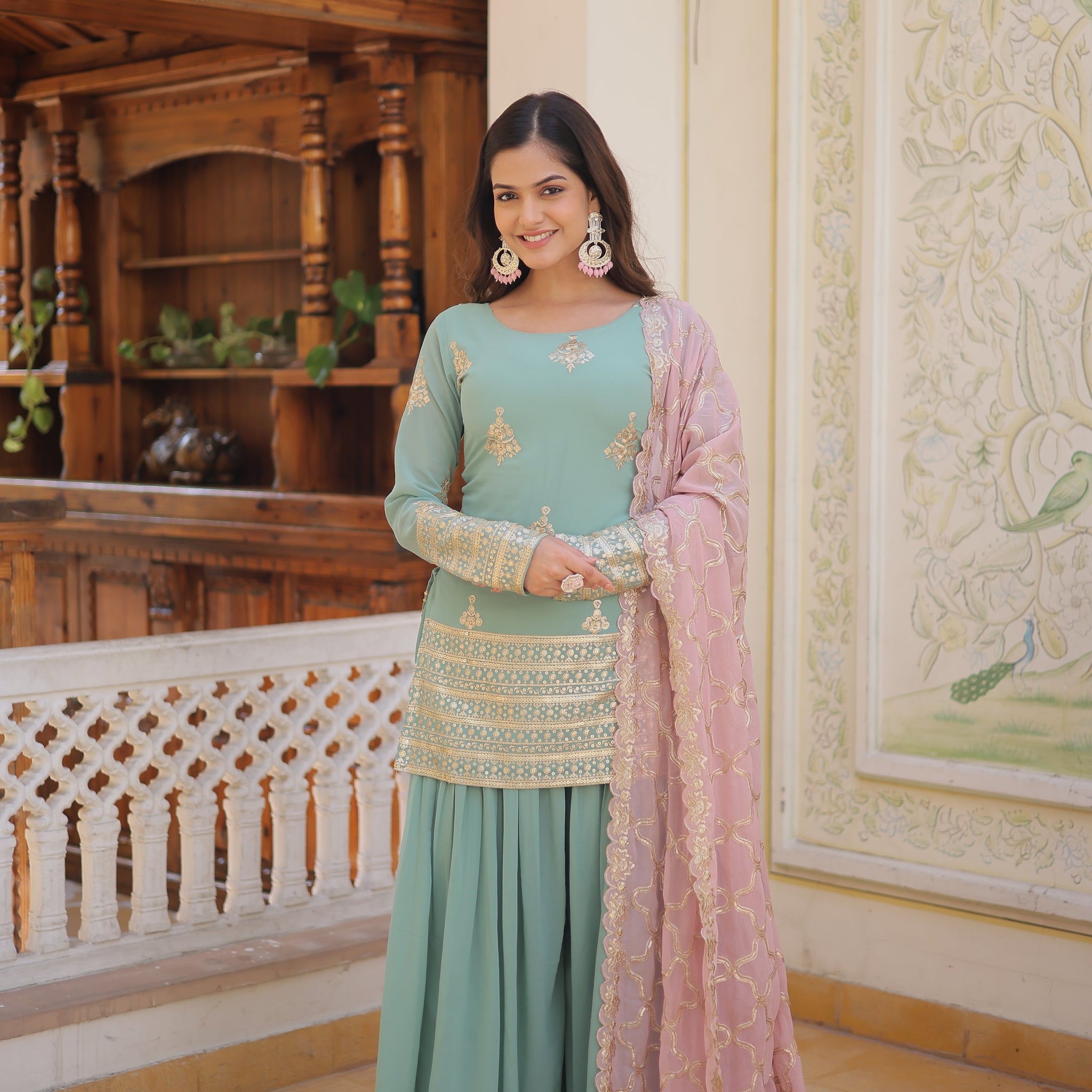 Opulent Embroidered Georgette  Suit ,Sharara With Dupatta