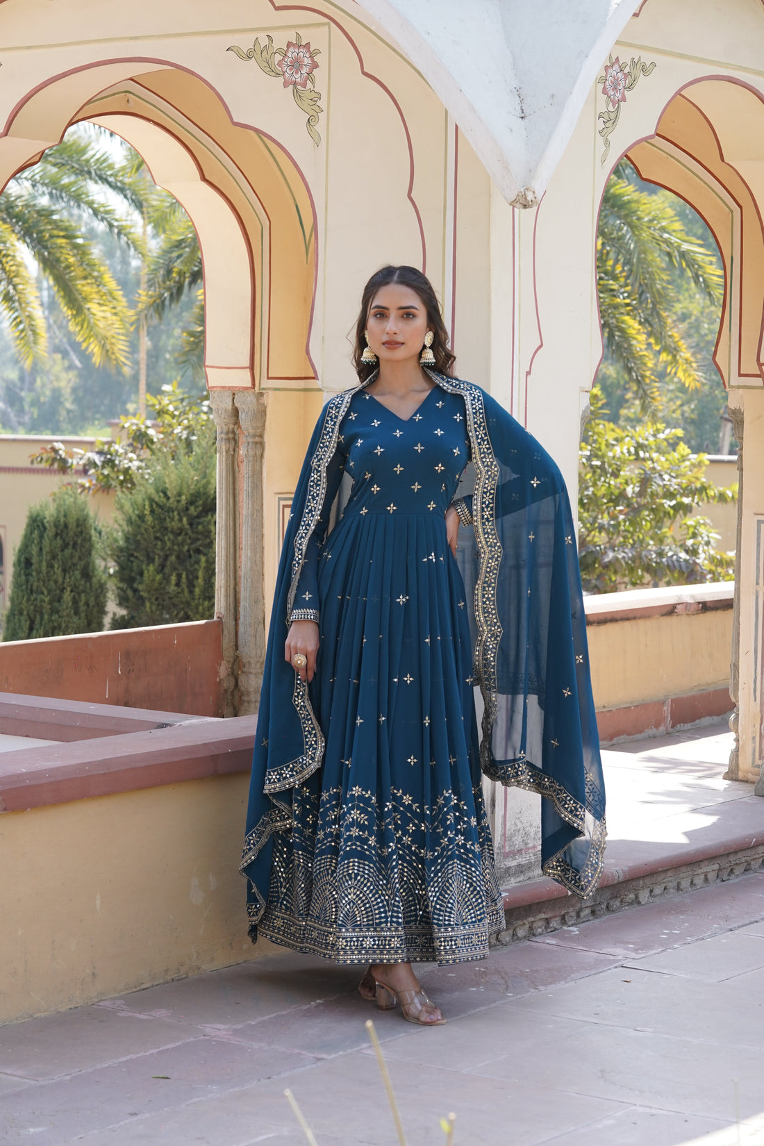 Arresting Zari Sequin Embroidered Faux Georgette Gown With Dupatta