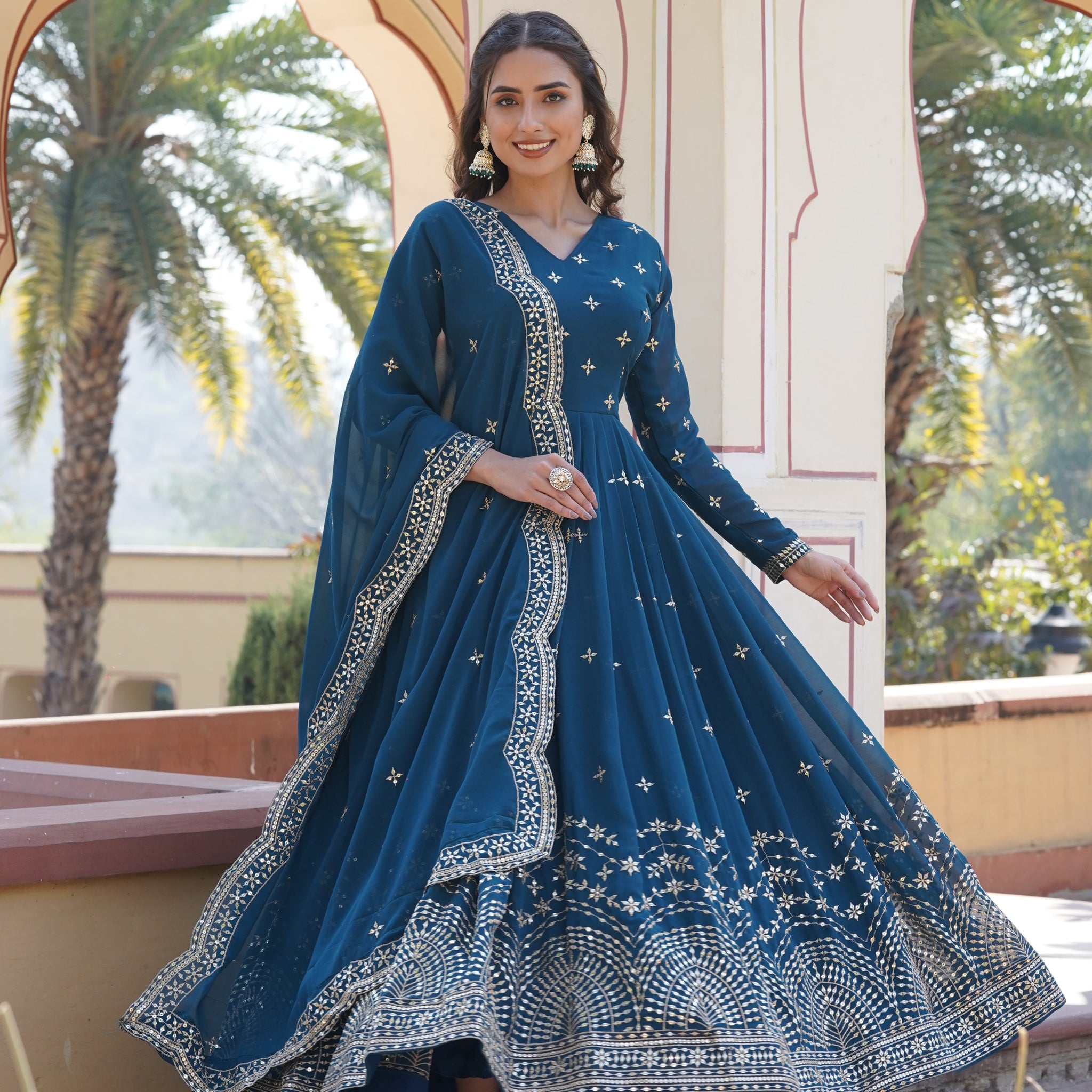 Arresting Zari Sequin Embroidered Faux Georgette Gown With Dupatta
