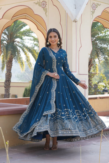 Arresting Zari Sequin Embroidered Faux Georgette Gown With Dupatta