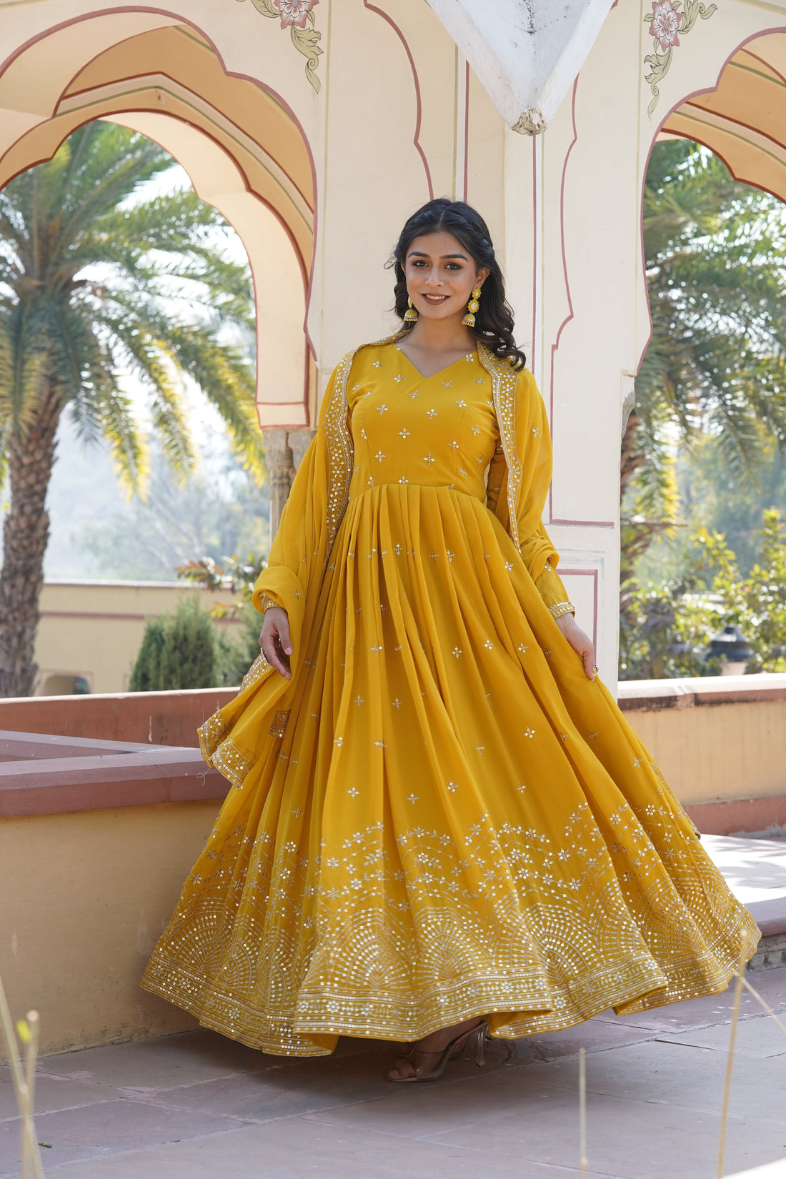 Yellow Zari Sequin Embroidered Faux Georgette Gown With Dupatta