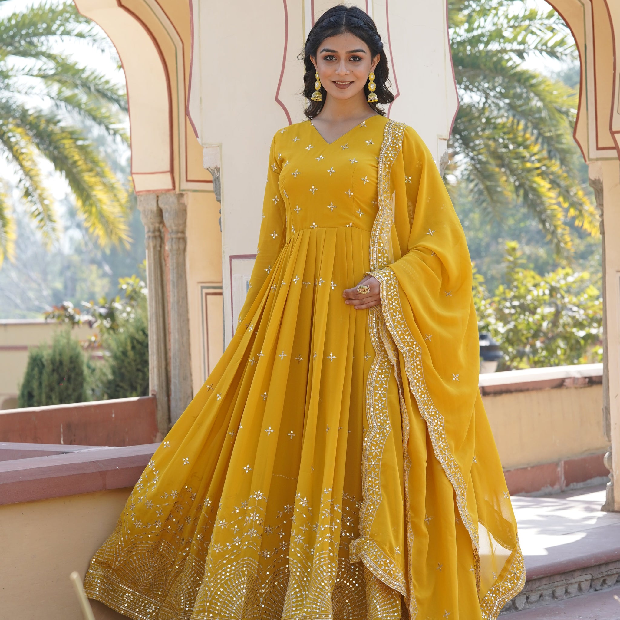 Yellow Zari Sequin Embroidered Faux Georgette Gown With Dupatta