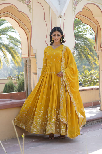 Yellow Zari Sequin Embroidered Faux Georgette Gown With Dupatta