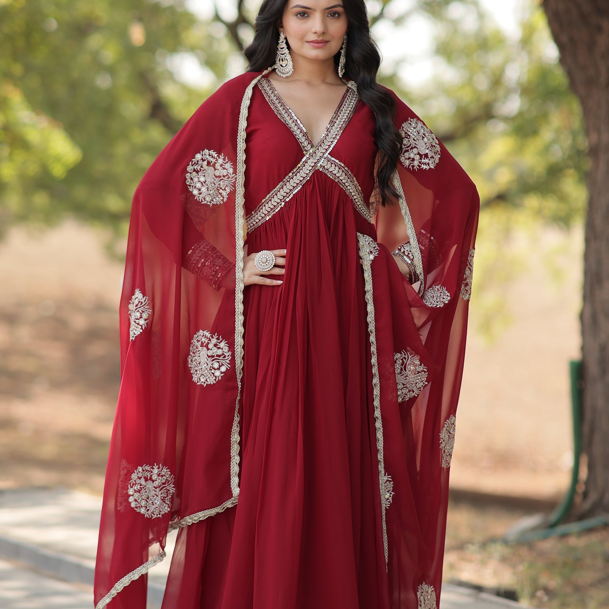 Solid Alia Cut Embroidery Zari Sequins Work Gown
