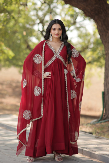 Solid Alia Cut Embroidery Zari Sequins Work Gown