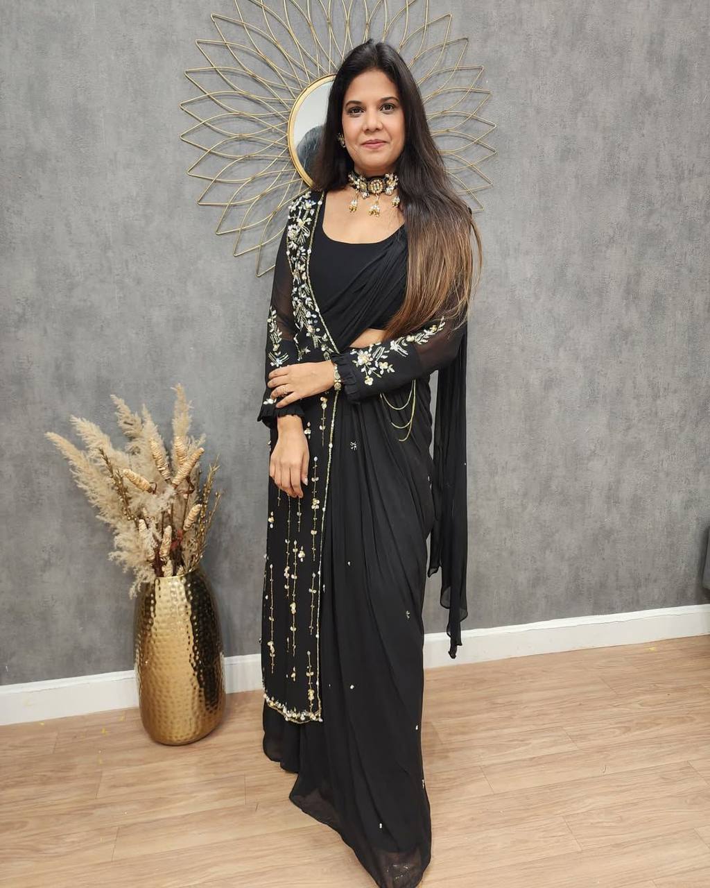 UNIQUE FAUX GEORGETTE LEHENGA SAREE WITH BLOUSE & FANCY SHRUG