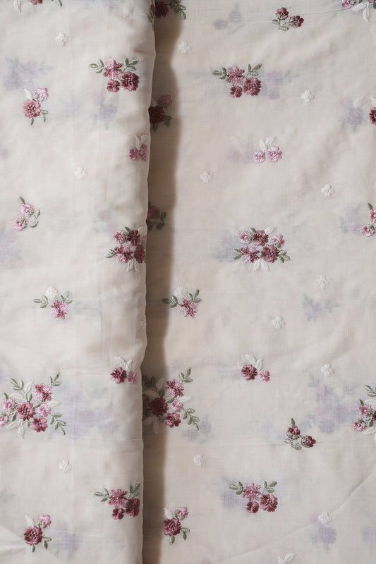Mauve And Olive Thread Beautiful Floral Embroidery On Off White Organic Cotton Fabric