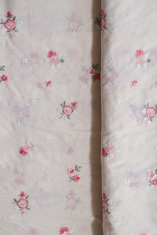 Pink And Olive Thread Small Floral Embroidery On Off White Organic Cotton Fabric