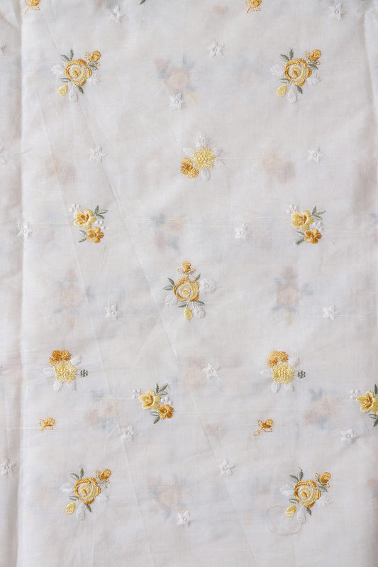 Mustard And Olive Thread Small Floral Embroidery On Off White Organic Cotton Fabric
