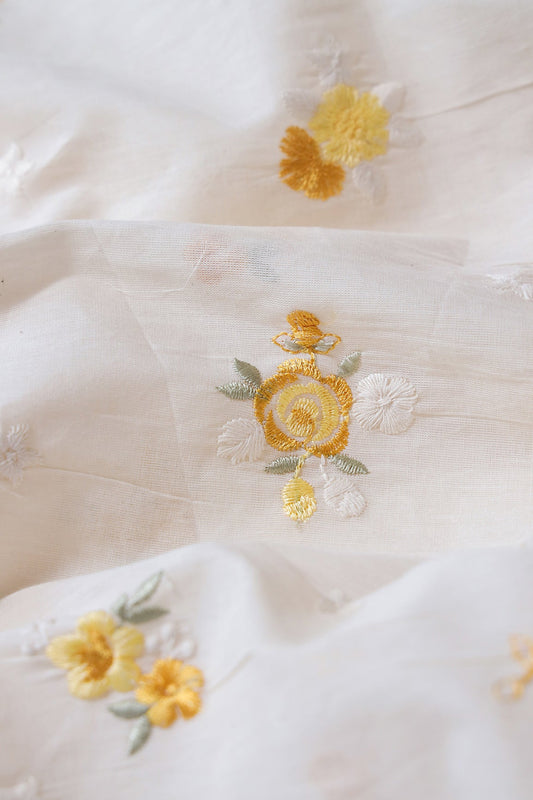 Mustard And Olive Floral Embroidery On Off White Unstitched Suit Set (3 Piece)