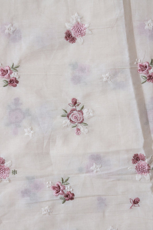 Mauve And White Thread Small Floral Embroidery On Off White Organic Cotton Fabric