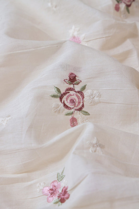 Mauve And White Thread Small Floral Embroidery On Off White Organic Cotton Fabric