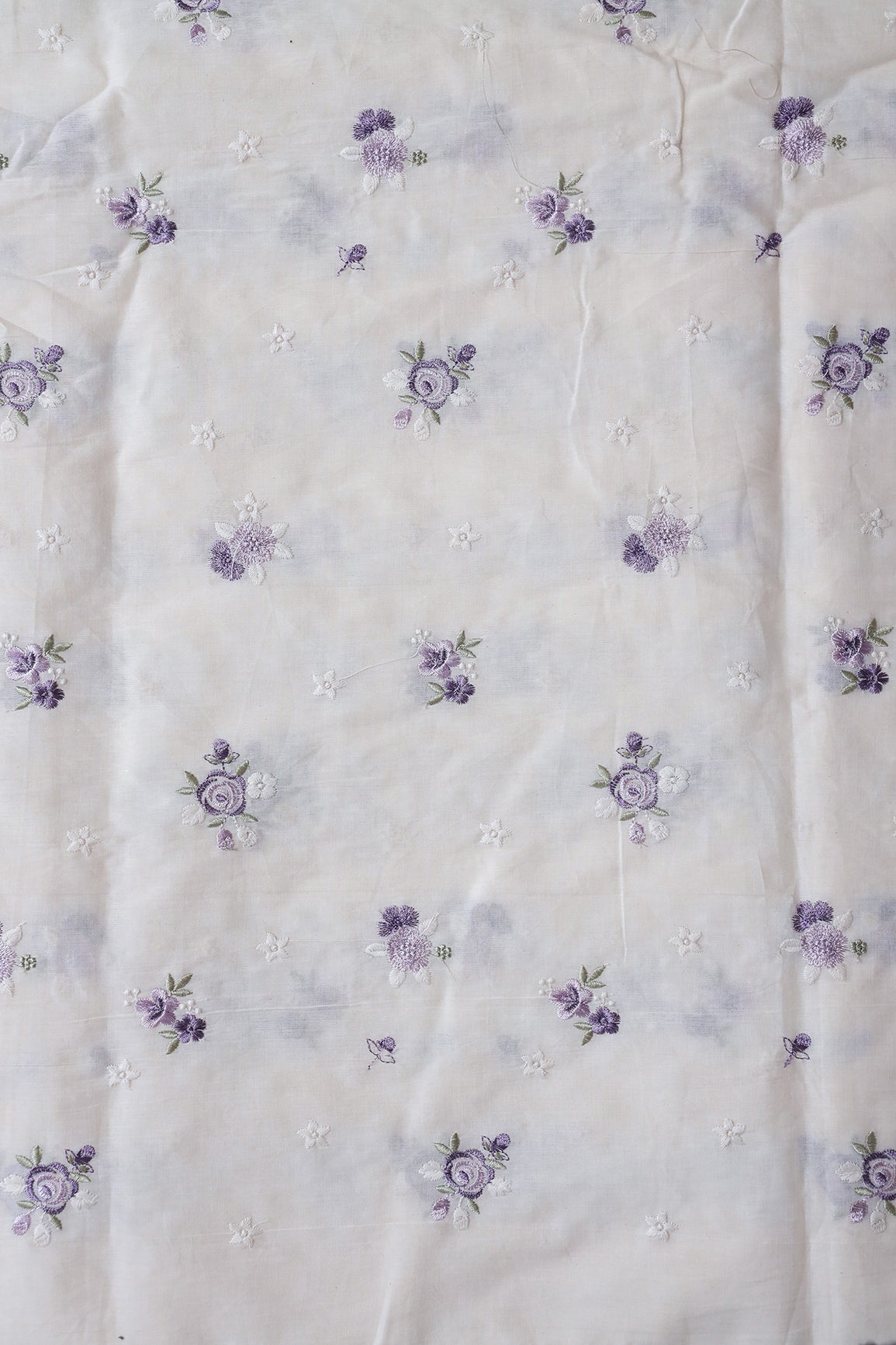 AIzaSyBcstauz-XMPRhEY21AUzeo032pxrXB5Ug - Lavender And White Thread Small Floral Embroidery On Off White Organic Cotton Fabric