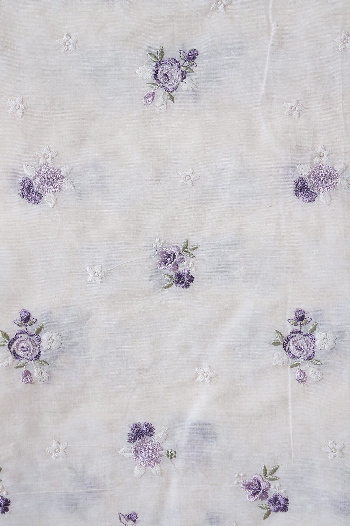 AIzaSyBcstauz-XMPRhEY21AUzeo032pxrXB5Ug - Lavender And White Thread Small Floral Embroidery On Off White Organic Cotton Fabric
