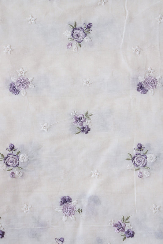AIzaSyBcstauz-XMPRhEY21AUzeo032pxrXB5Ug - Lavender And White Thread Small Floral Embroidery On Off White Organic Cotton Fabric