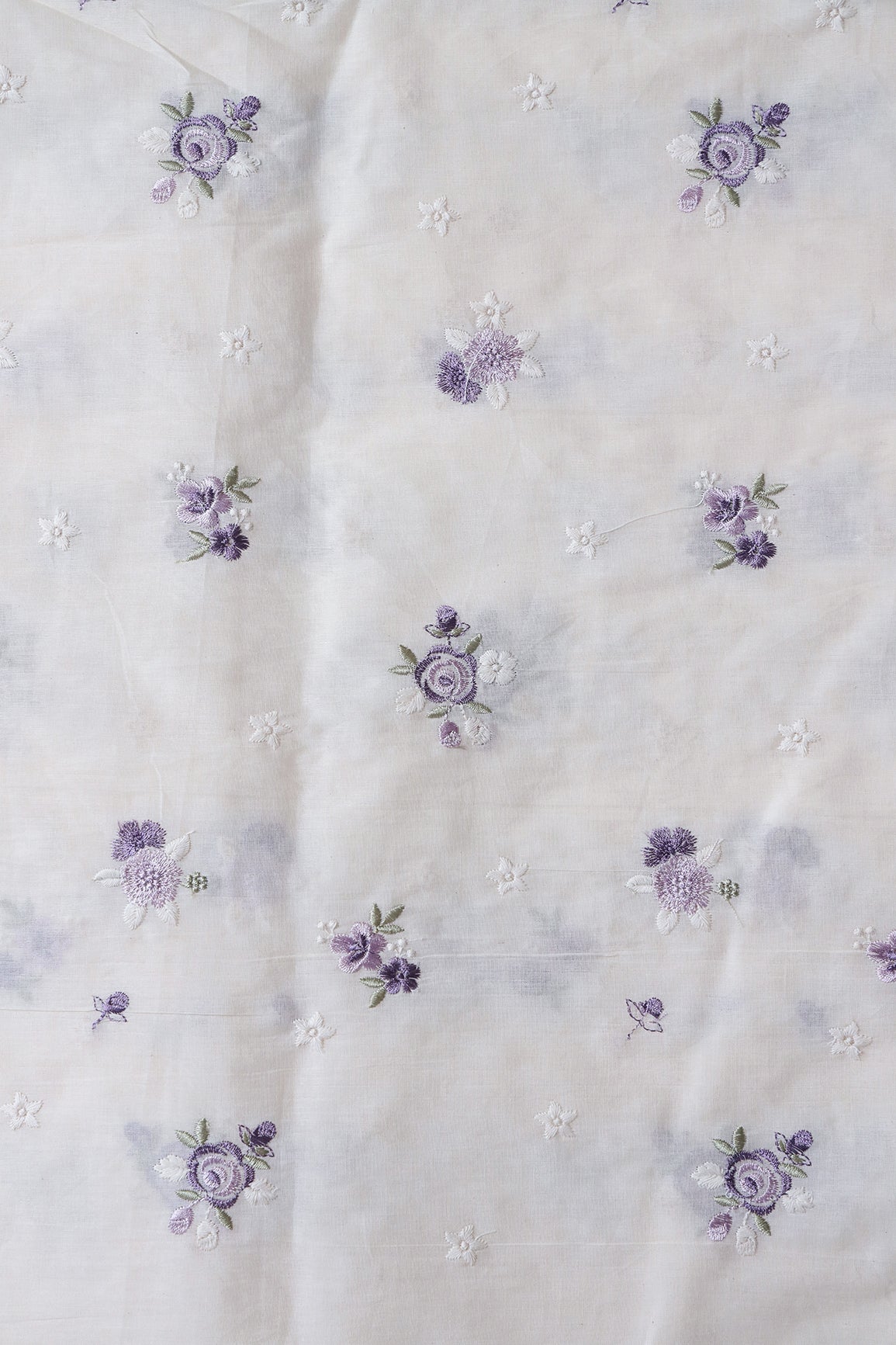 AIzaSyBcstauz-XMPRhEY21AUzeo032pxrXB5Ug - Lavender And White Thread Small Floral Embroidery On Off White Organic Cotton Fabric
