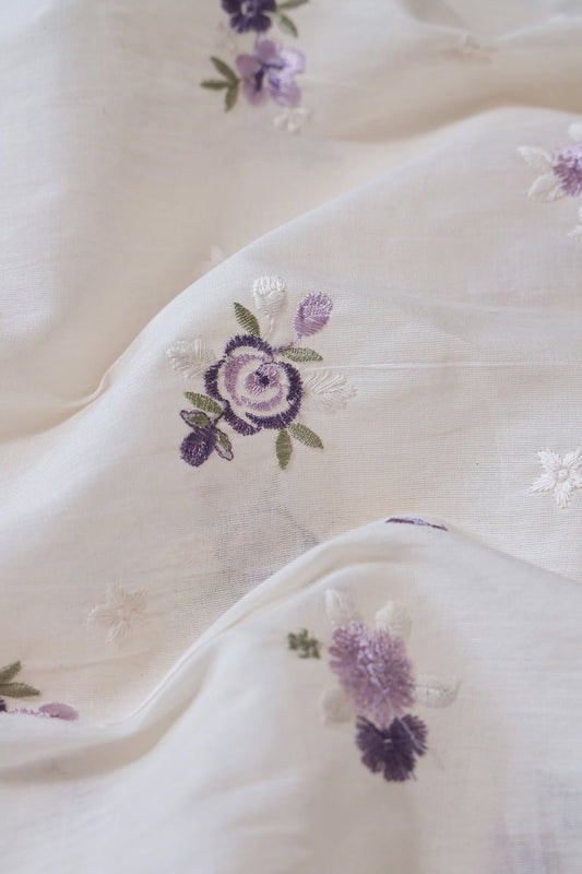 AIzaSyBcstauz-XMPRhEY21AUzeo032pxrXB5Ug - Lavender And White Thread Small Floral Embroidery On Off White Organic Cotton Fabric