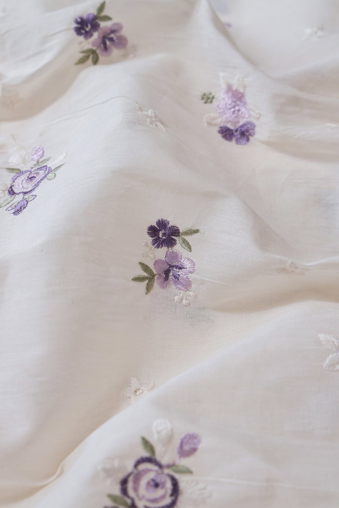 AIzaSyBcstauz-XMPRhEY21AUzeo032pxrXB5Ug - Lavender And White Thread Small Floral Embroidery On Off White Organic Cotton Fabric